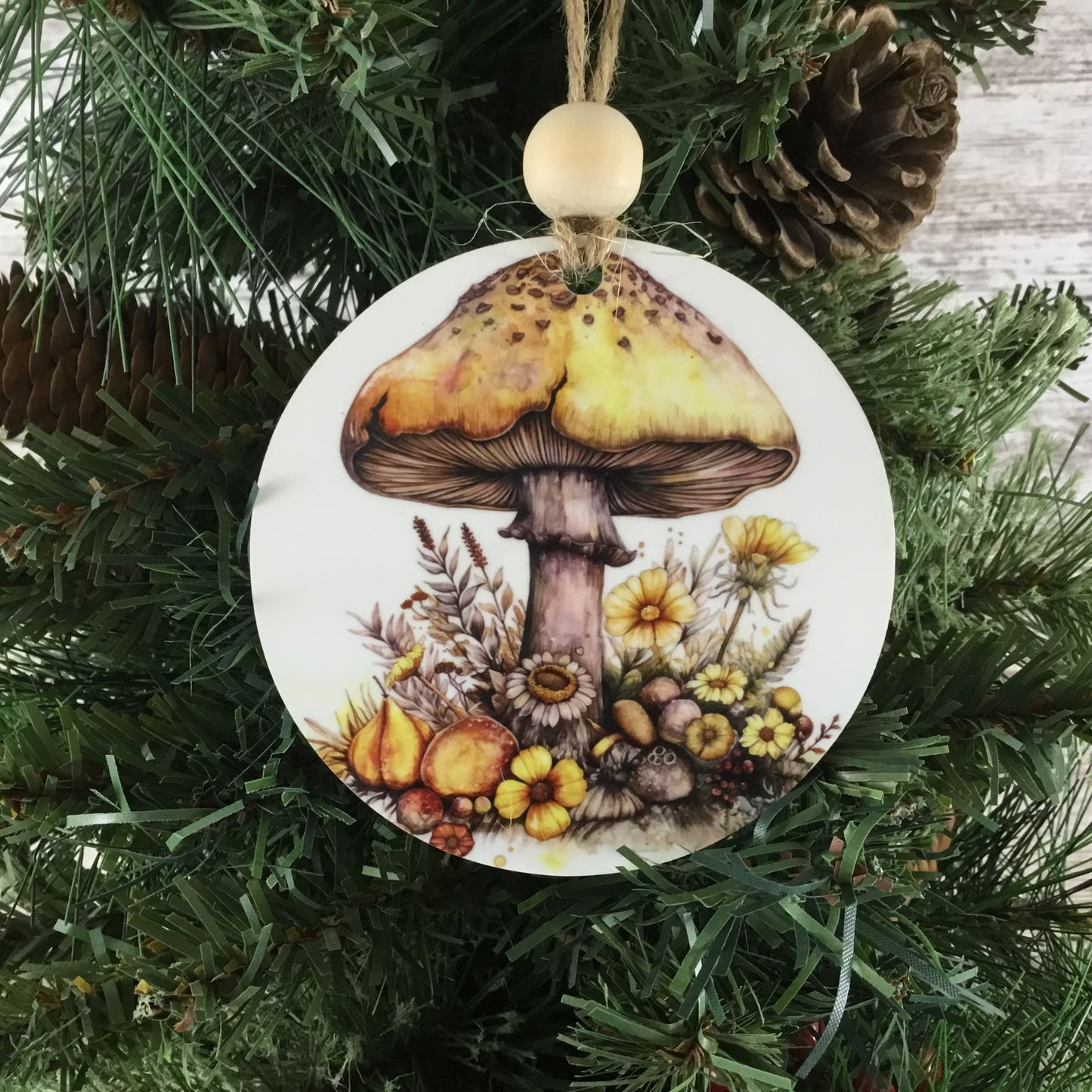 Woodland Mushroom and Yellow Flowers Christmas Ornament  3.5" Wooden Ornament