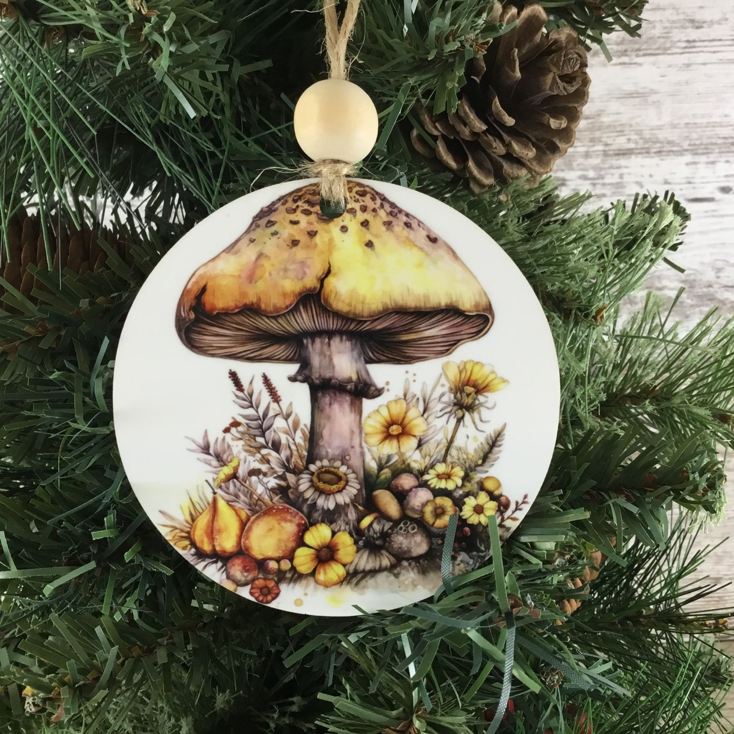 Woodland Mushroom and Yellow Flowers Christmas Ornament  3.5" Wooden Ornament