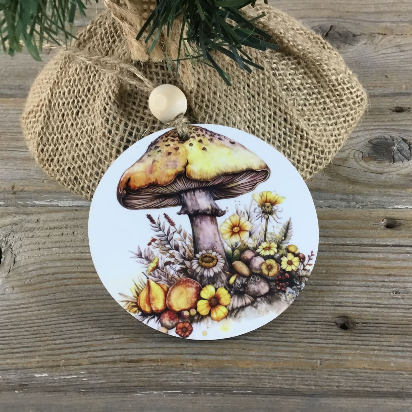 Woodland Mushroom and Yellow Flowers Christmas Ornament  3.5" Wooden Ornament