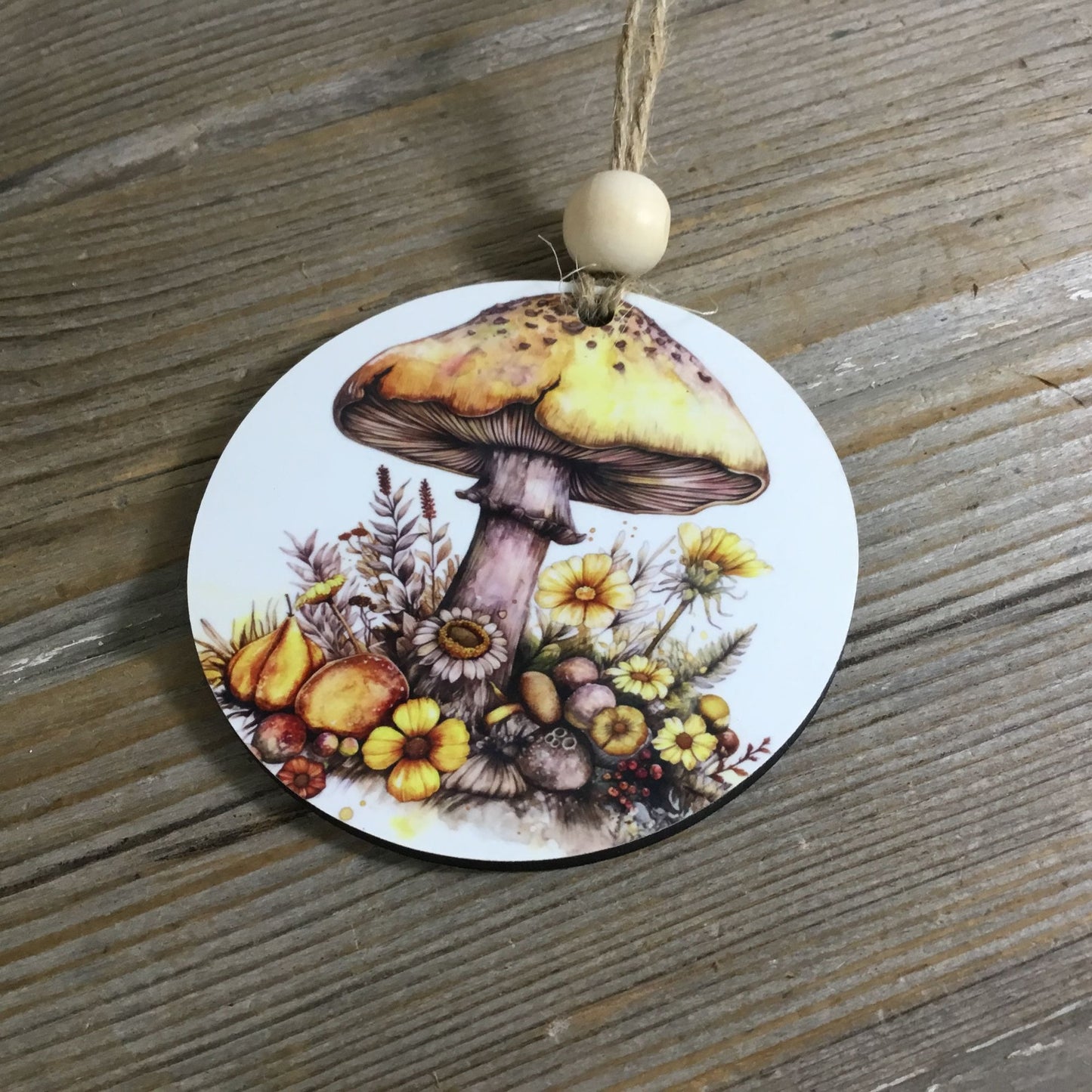 Woodland Mushroom and Yellow Flowers Christmas Ornament  3.5" Wooden Ornament