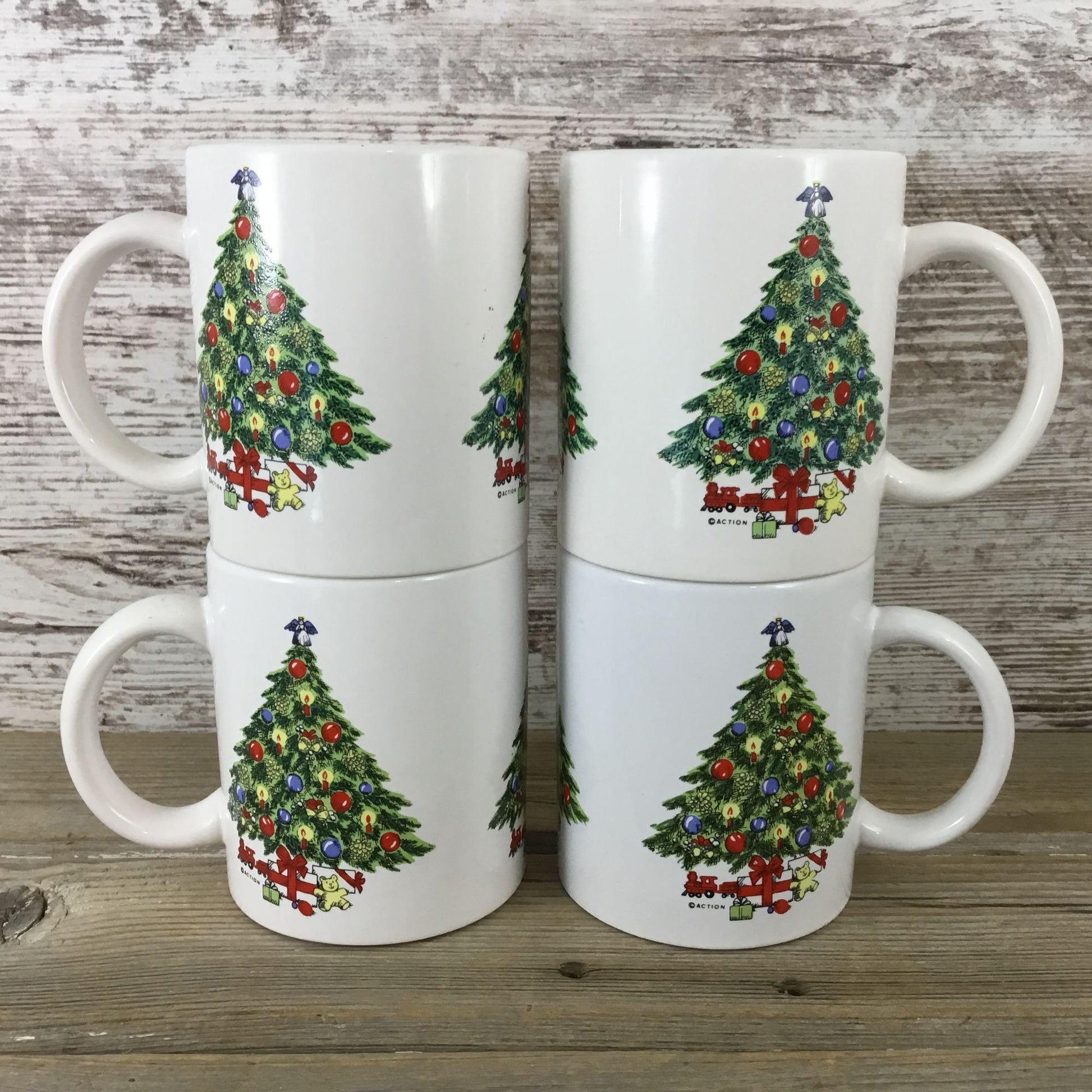 Vintage 1993 McCrory Christmas Tree Ceramic Mugs Set Of 4