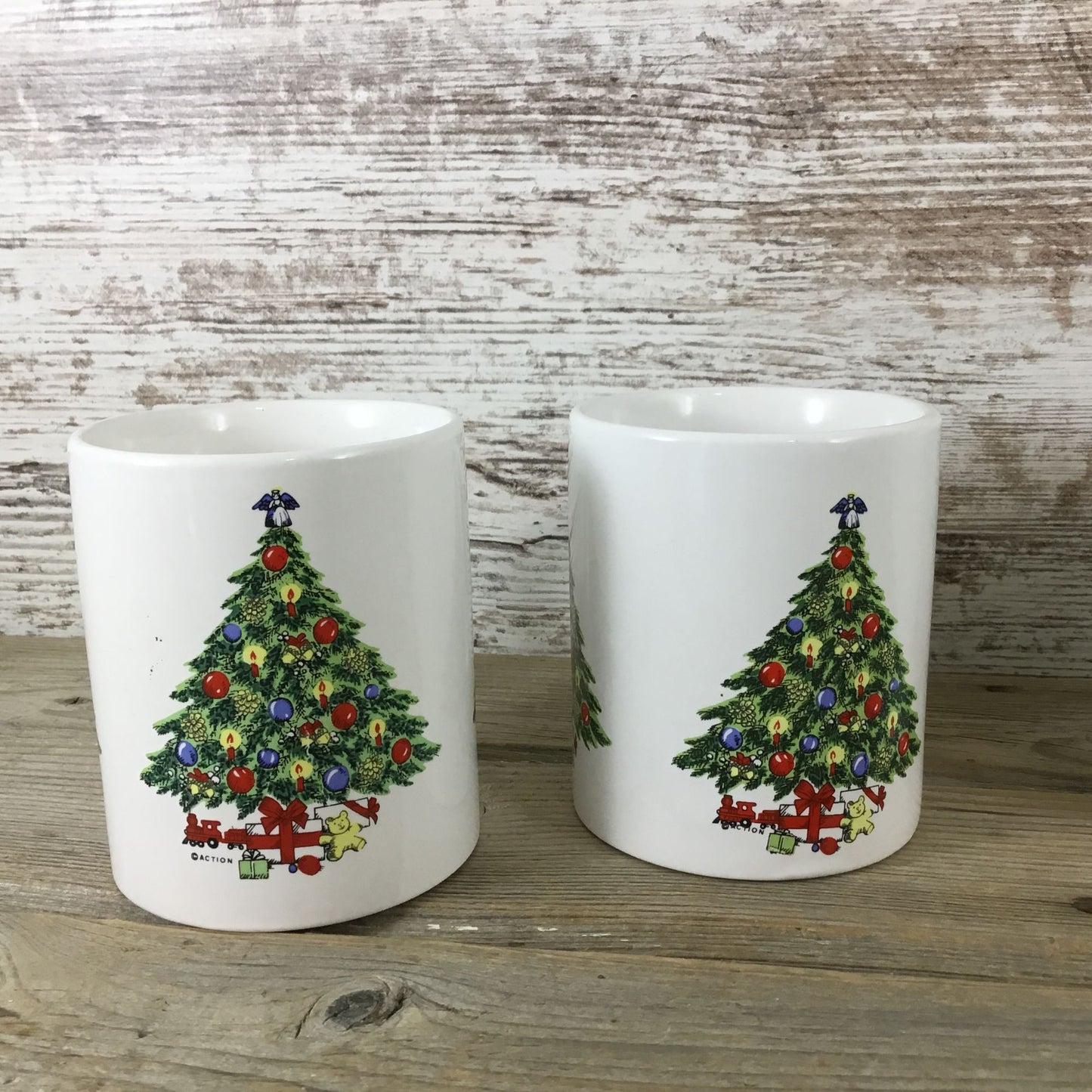 Vintage 1993 McCrory Christmas Tree Ceramic Mugs Set Of 4 11 Oz Holiday Kitchenware