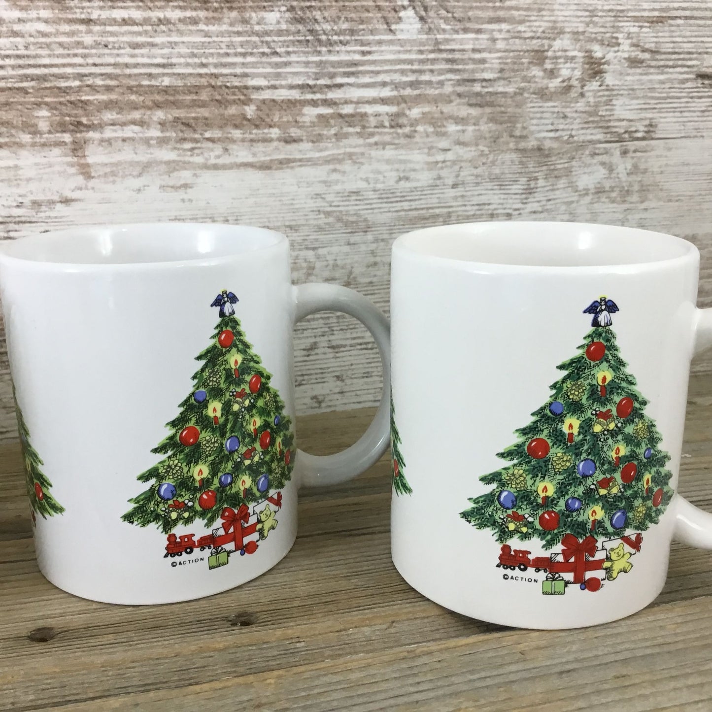 Vintage 1993 McCrory Christmas Tree Ceramic Mugs Set Of 4 11 Oz Holiday Kitchenware