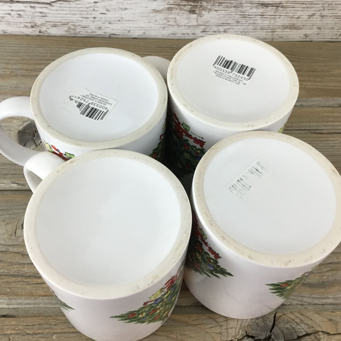 Vintage 1993 McCrory Christmas Tree Ceramic Mugs Set Of 4 11 Oz Holiday Kitchenware