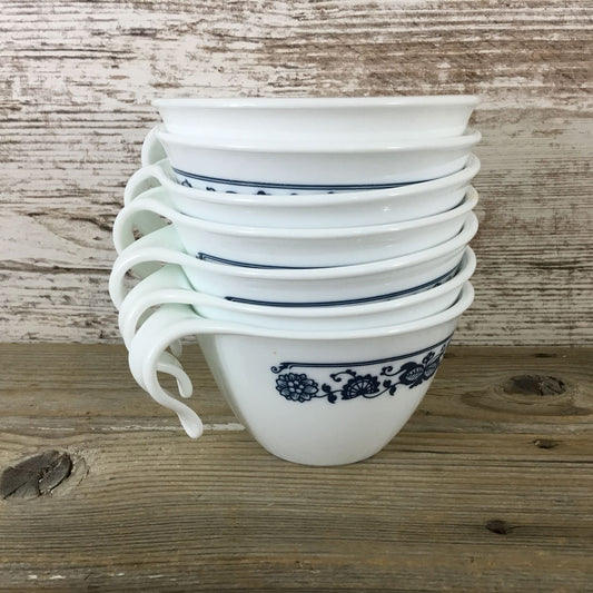 Corelle Blue Onion Hook Handle Cups Set Of 7 - Vintage White & Blue Floral Pattern