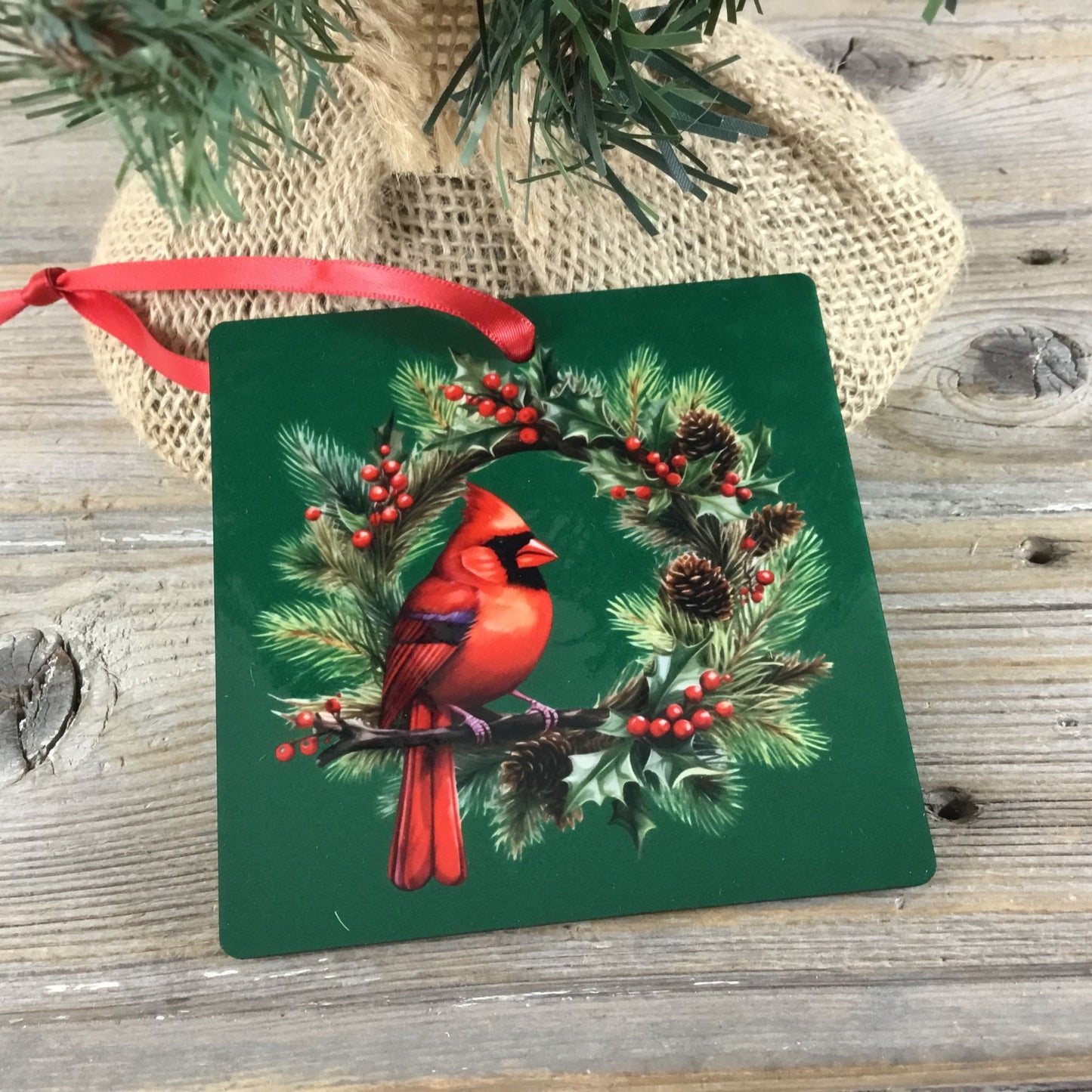 Cardinal Christmas Ornament Red Male Cardinal on Evergreen Wreath 4” Double-Side