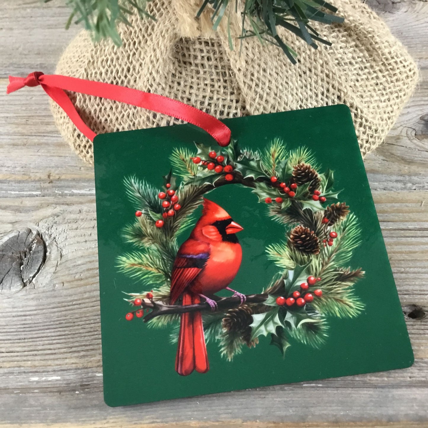 Cardinal Christmas Ornament Red Male Cardinal on Evergreen Wreath 4” Double-Side