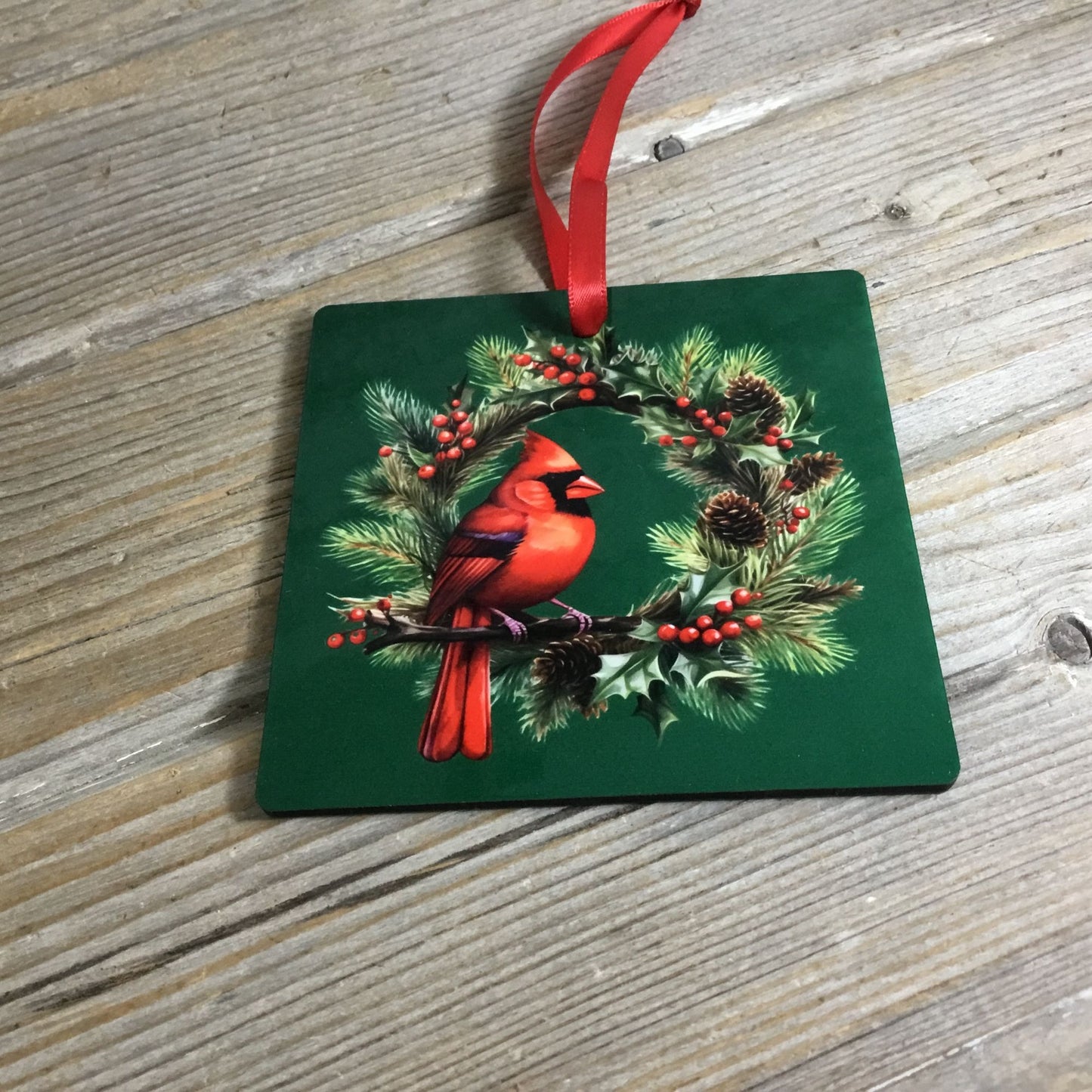 Cardinal Christmas Ornament Red Male Cardinal on Evergreen Wreath 4” Double-Side