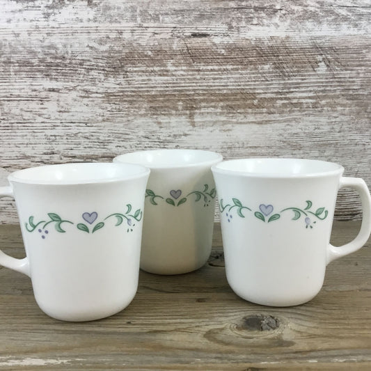 Set Of 3 Corelle Corning Country Cottage Coffee Cups Hearts and Greenery