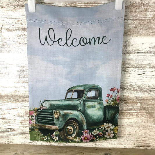 Welcome Garden Flag Vintage Green Truck & Flowers