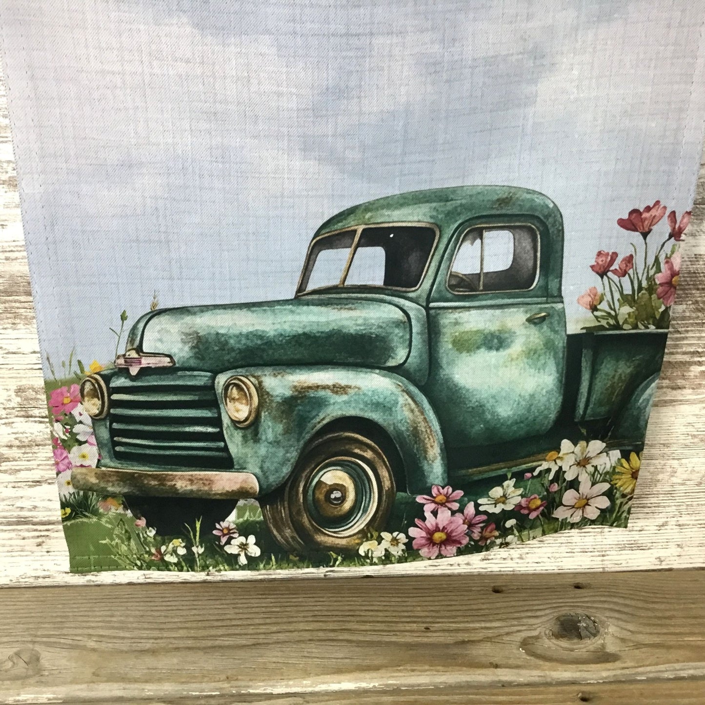 Welcome Garden Flag Vintage Green Truck & Flowers