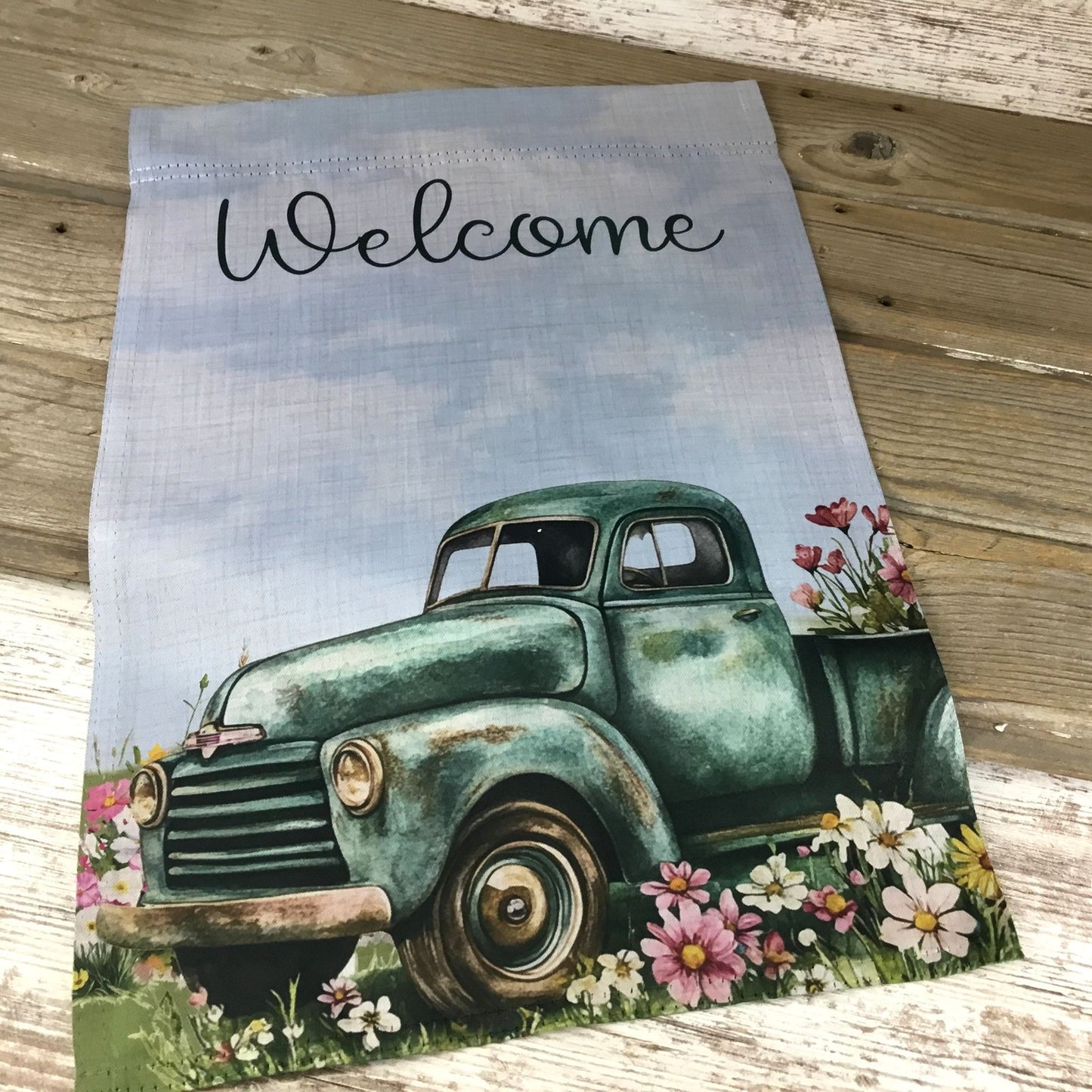 Welcome Garden Flag Vintage Green Truck & Flowers