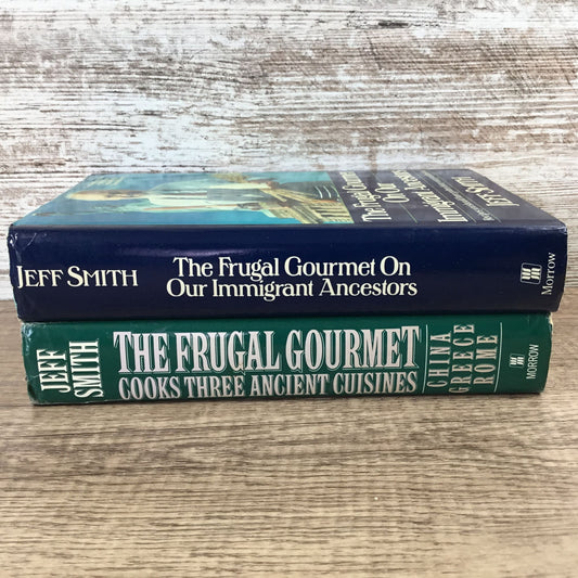 Two cook books by Jeff Smith on a wooden surface