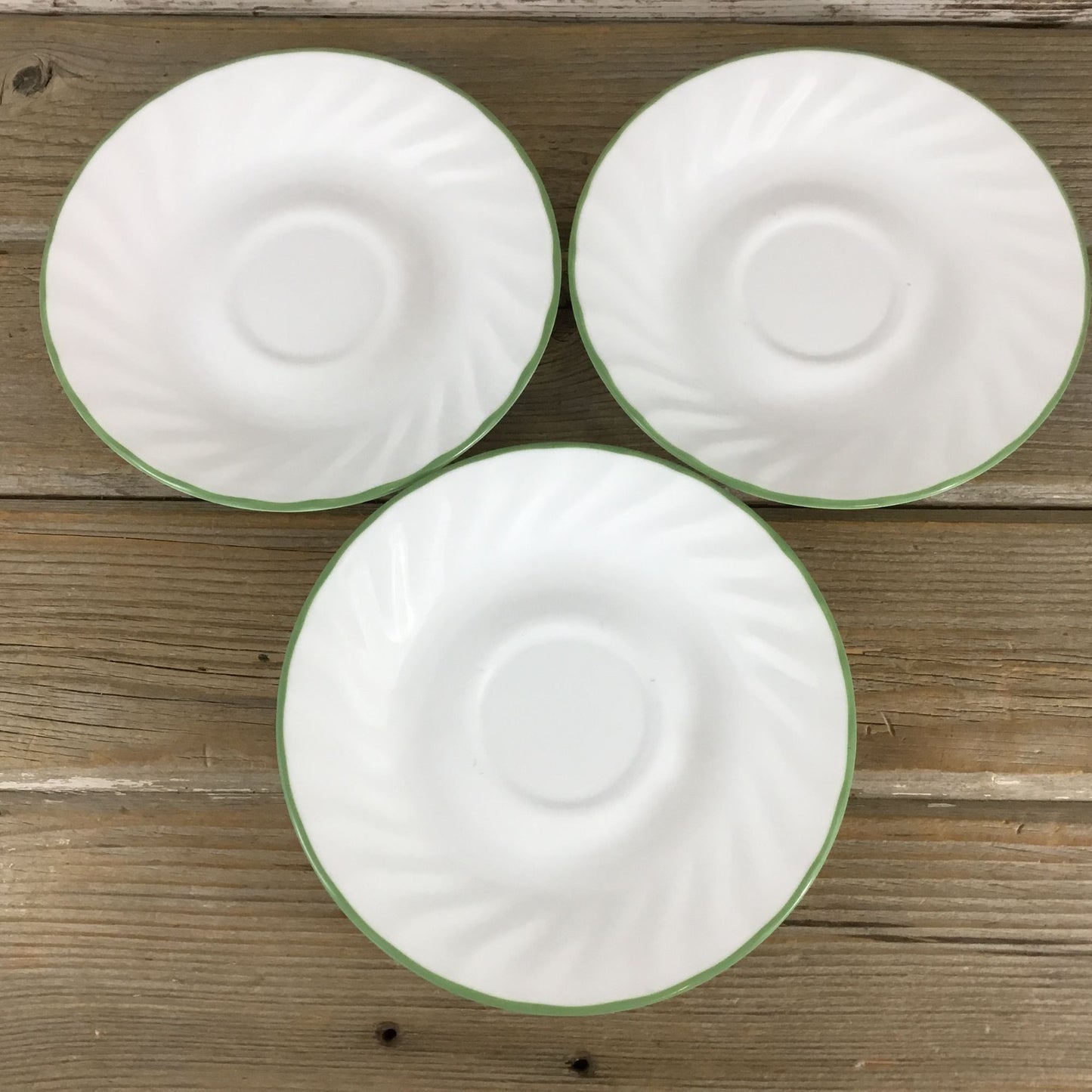 Set Of 3 Corelle Corning Chutney Swirl 6 1/4" Saucers With Green Rim