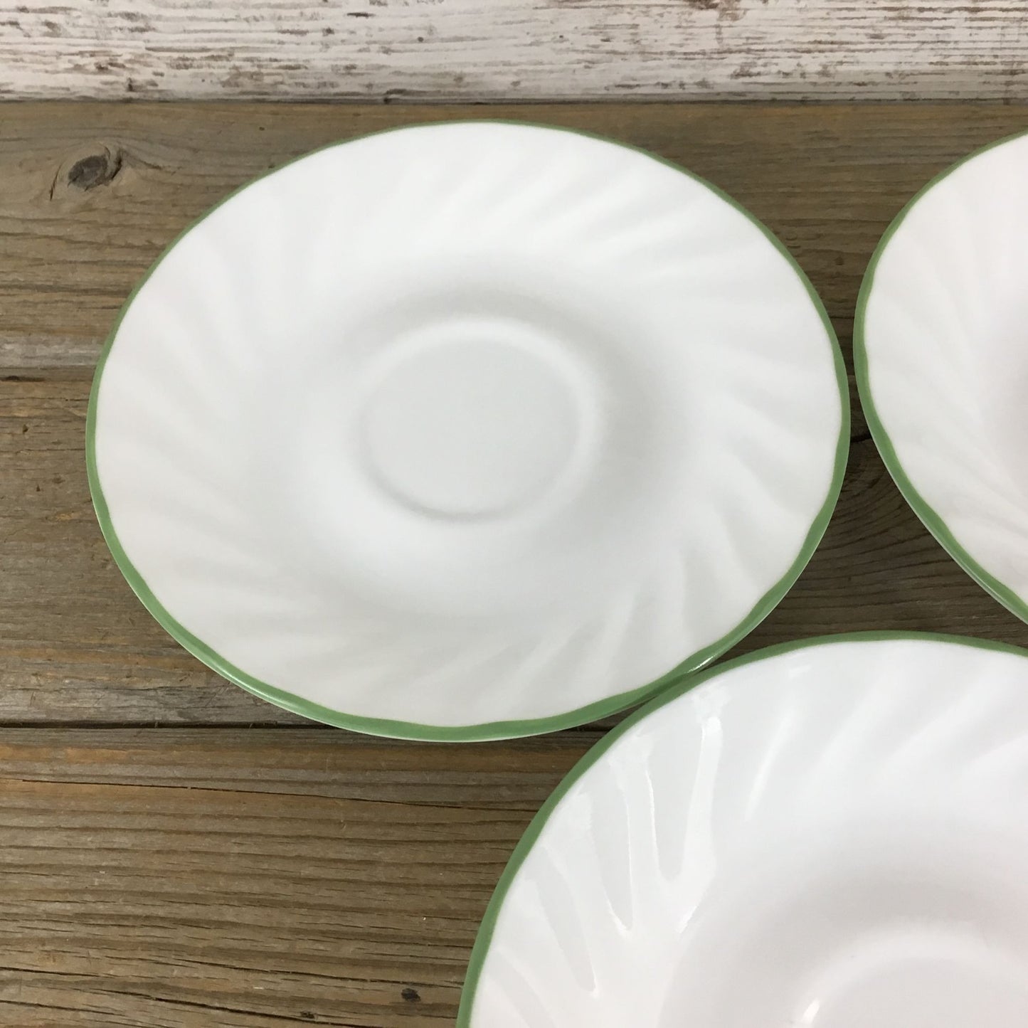 Set Of 3 Corelle Corning Chutney Swirl 6 1/4" Saucers With Green Rim