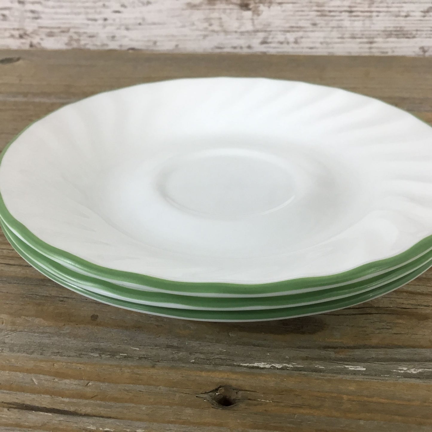 Set Of 3 Corelle Corning Chutney Swirl 6 1/4" Saucers With Green Rim