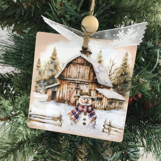 Rustic Country Snowman 3.5" Wooden Christmas Ornament