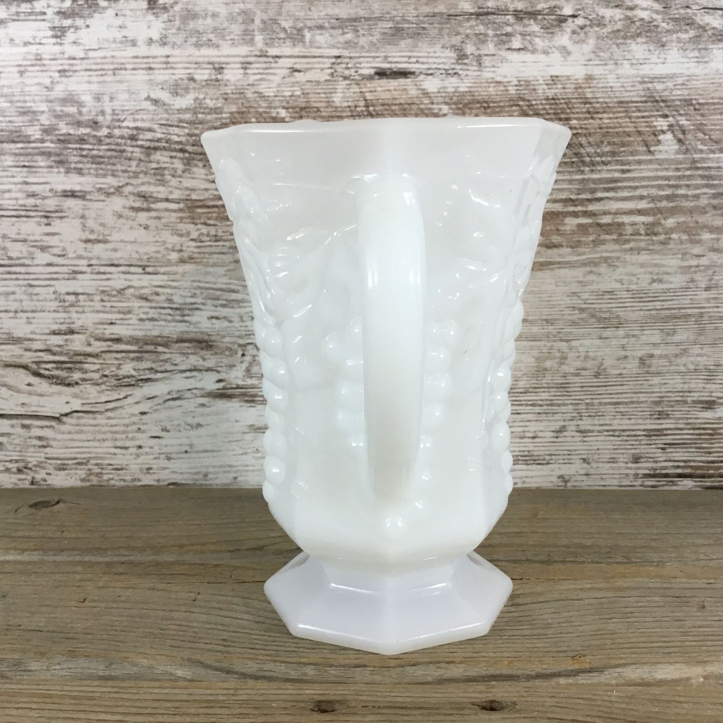 Vintage Anchor Hocking White Milk Glass Pitcher Vase Grapes Vines Leaves