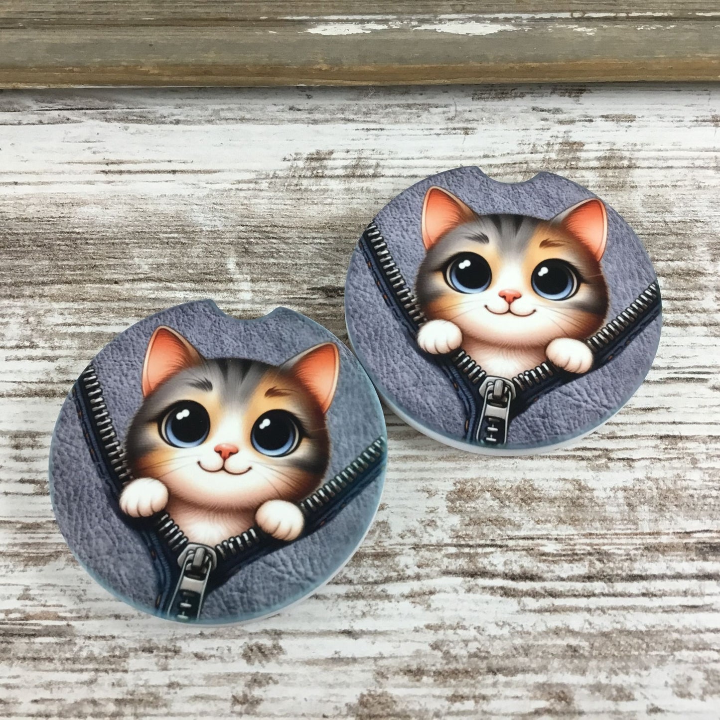 Cat Peek-a-Boo Zipper Car Coasters Set of 2