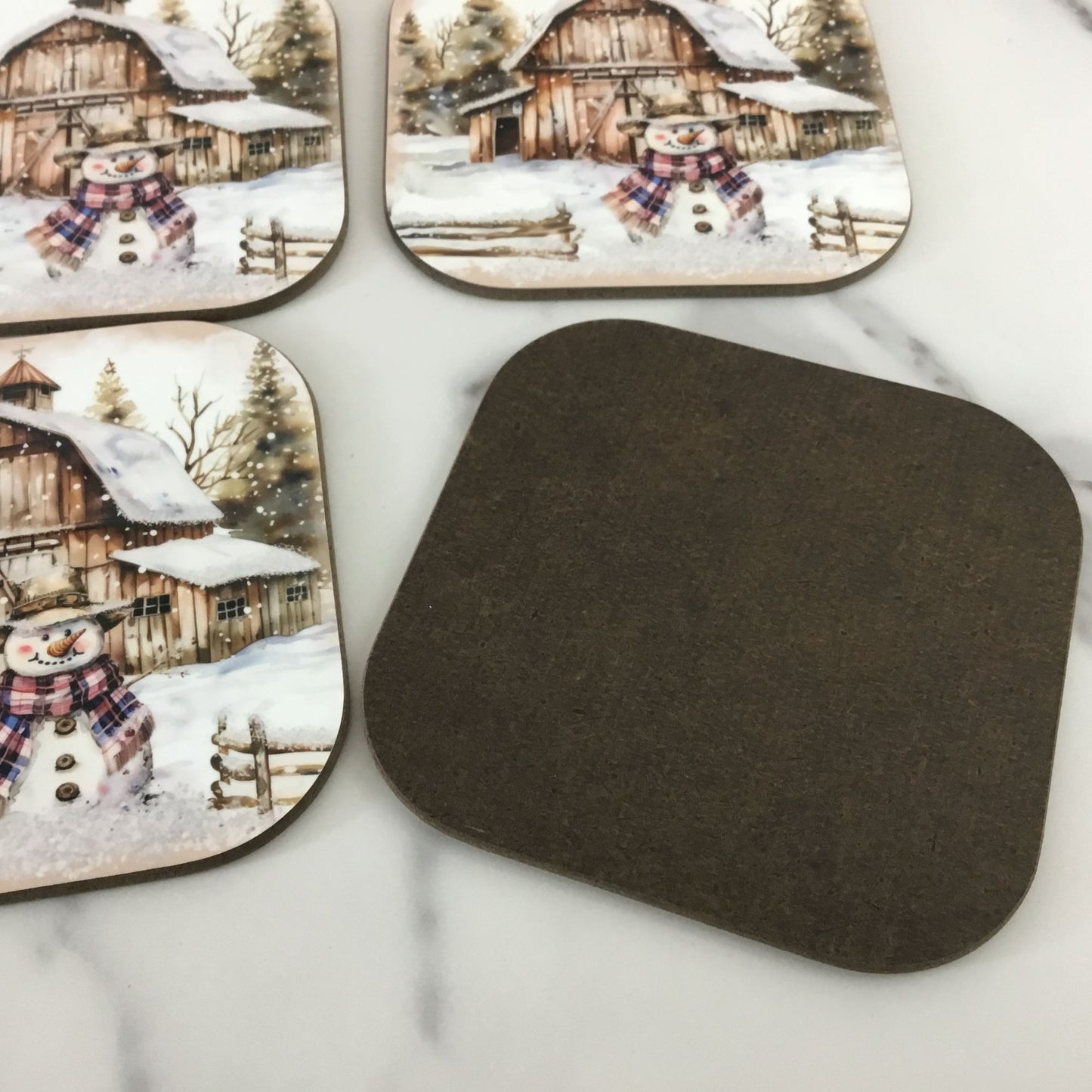 Rustic Country Snowman Wood Hardboard Coasters Set of 4