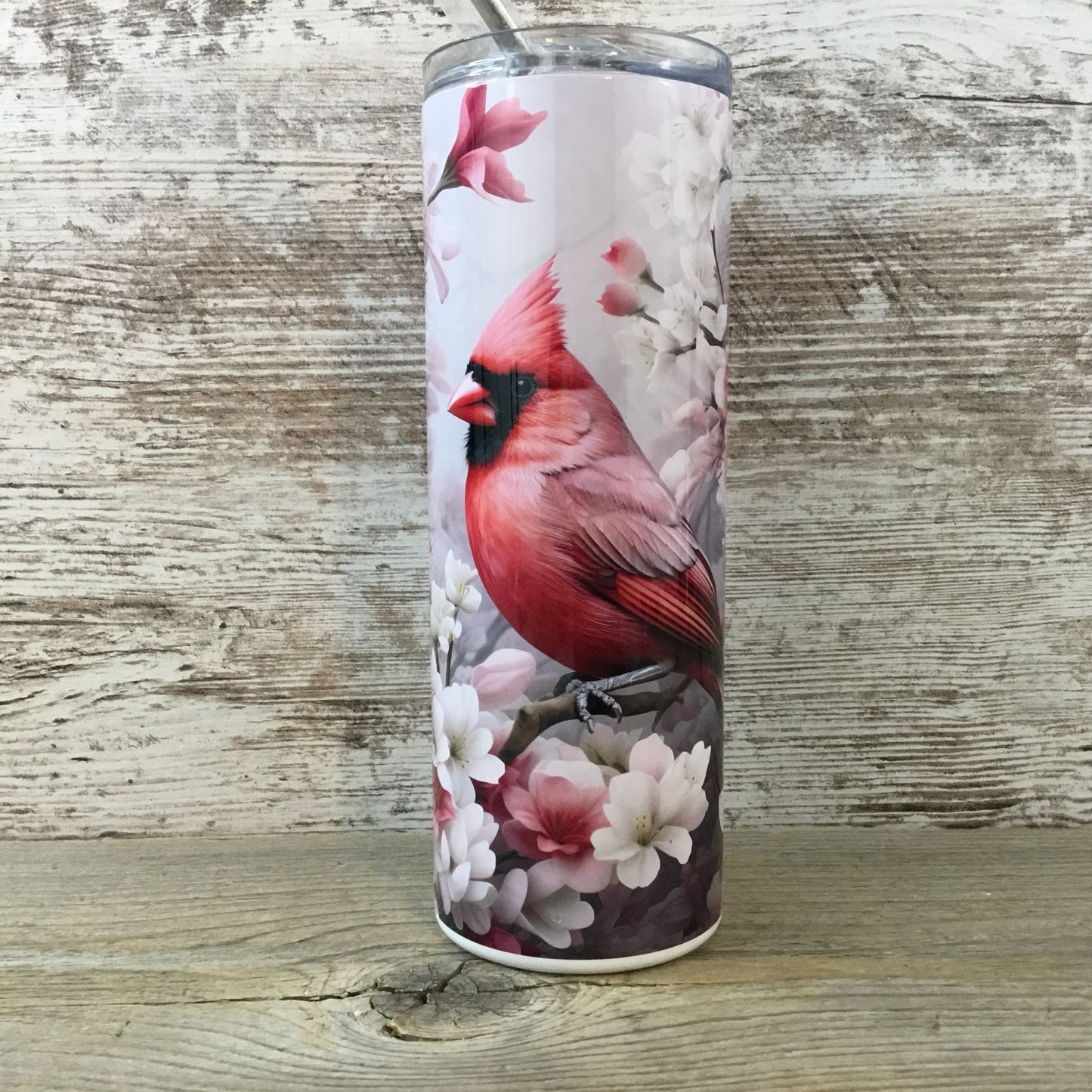 Male Cardinal and Flowers 20 oz Skinny Tumbler