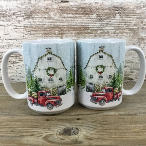 Set of 2 - OOPS Red Truck Winter Farm 15 oz Ceramic Coffee Mug