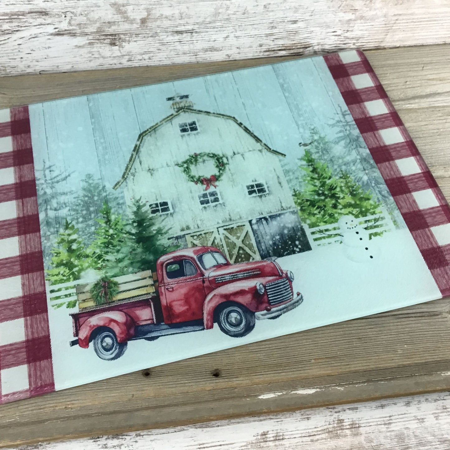 Red Truck Winter Farm Glass Cutting Board