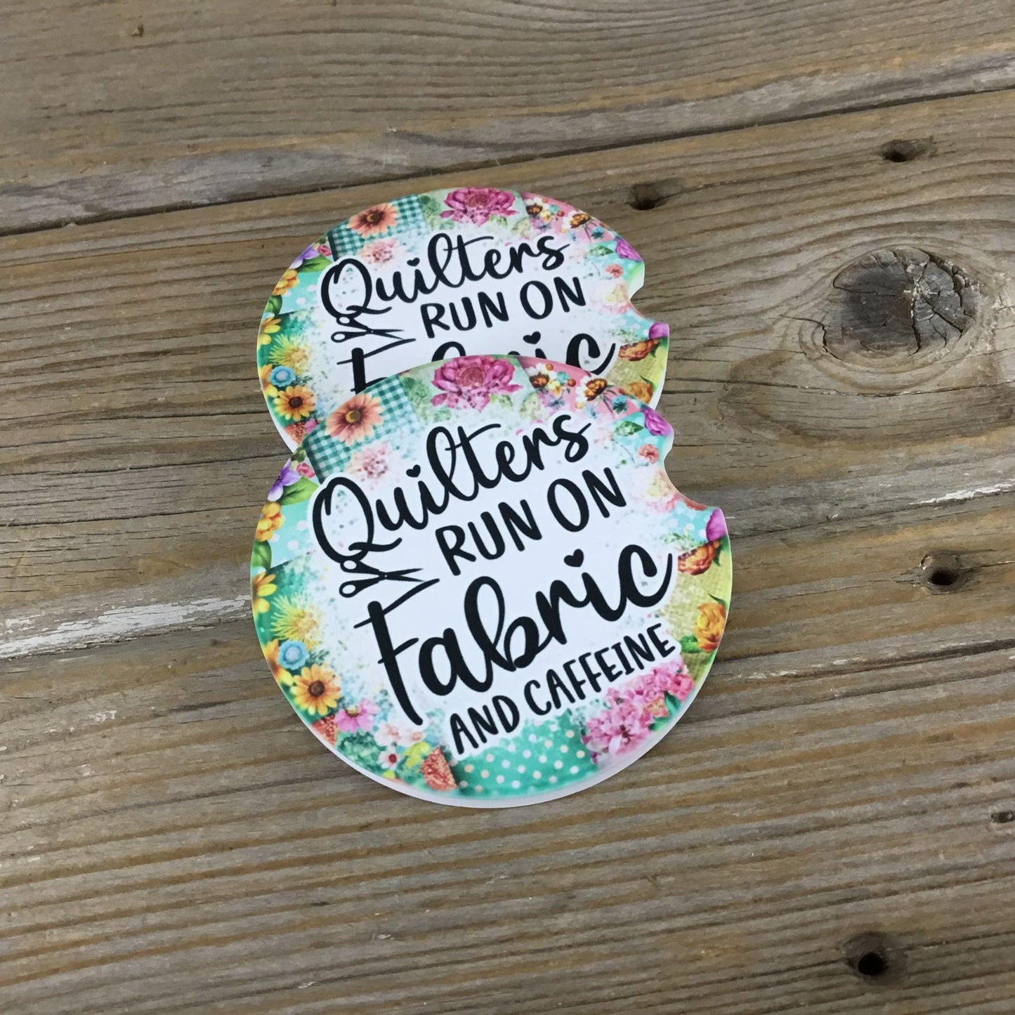 Quilters Run on Fabric and Caffeine Set of 2 Sandstone Car Coasters