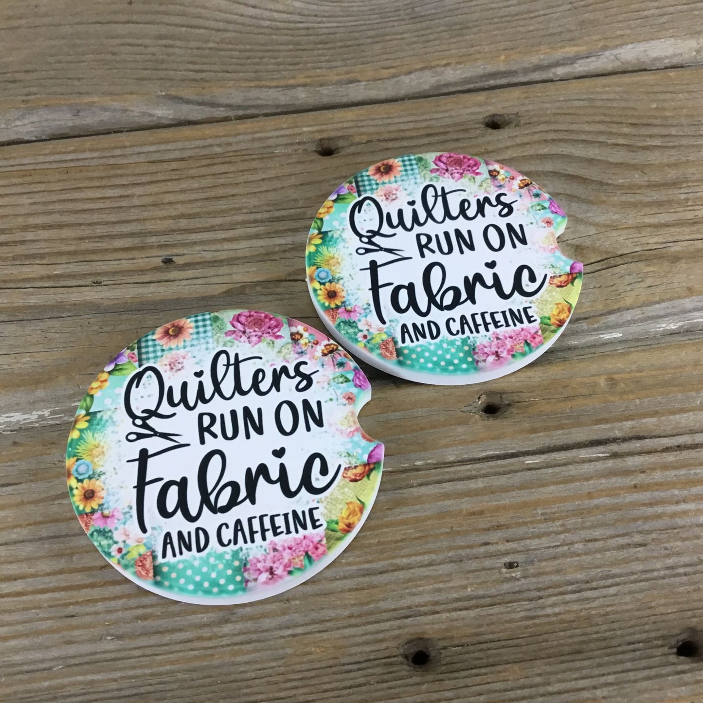 Quilters Run on Fabric and Caffeine Set of 2 Sandstone Car Coasters