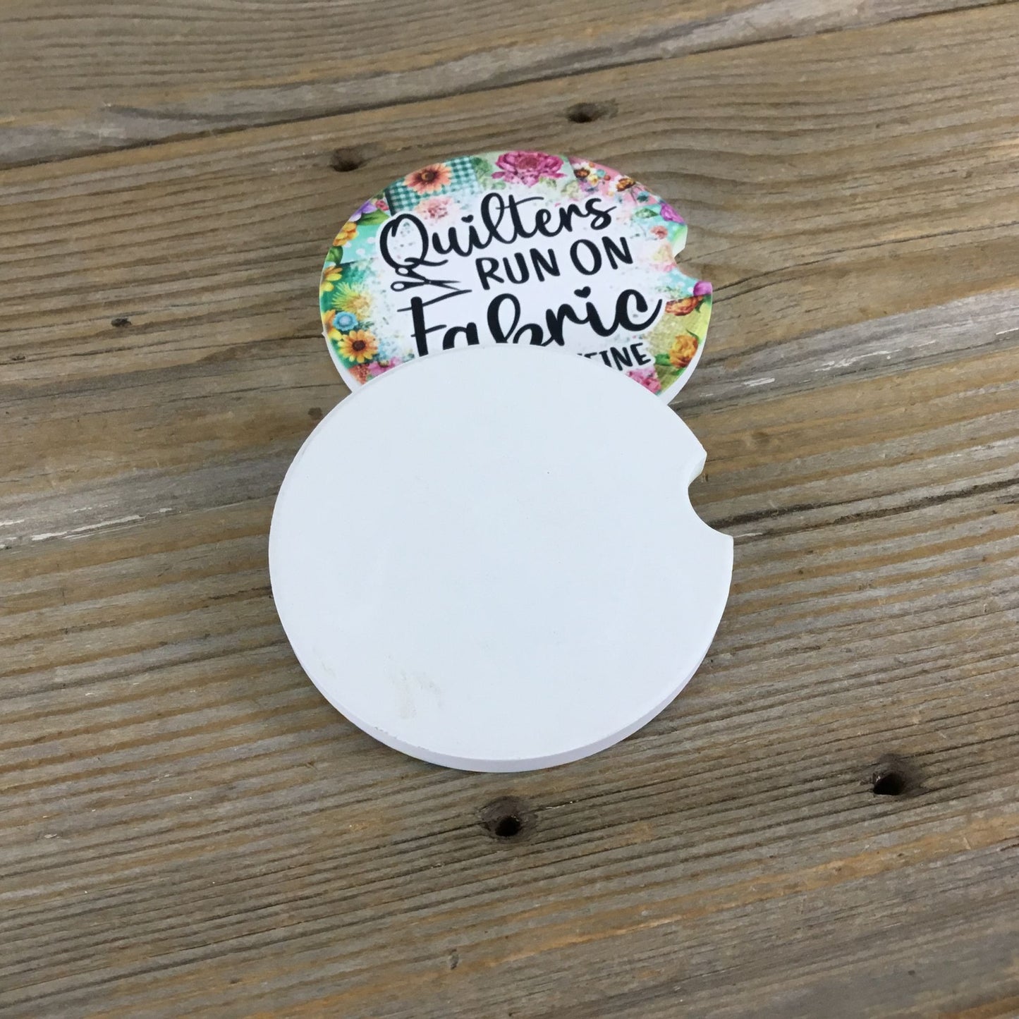 Quilters Run on Fabric and Caffeine Set of 2 Sandstone Car Coasters