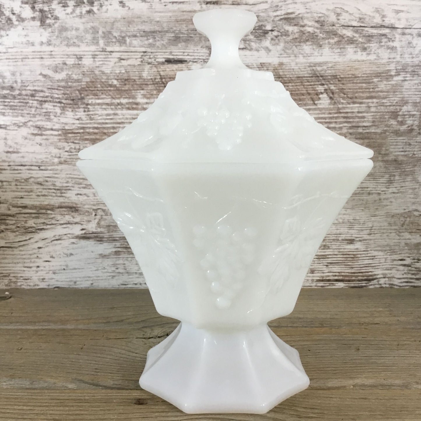 Vintage Anchor Hocking Milk Glass Grape Pattern Pedestal Octagon Candy Dish