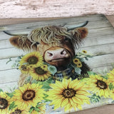 Highland Cow Rustic Sunflower Glass Cutting Board