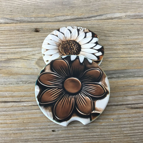 Brown and White Flowers Leather Look Car Coasters Set of 2