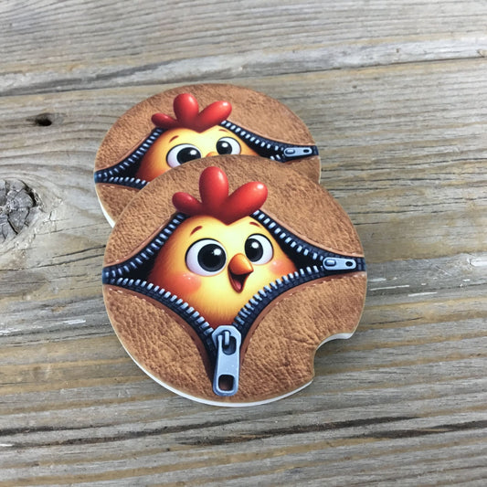 Chicken Peek-a-Boo Zipper Car Coasters Set of 2