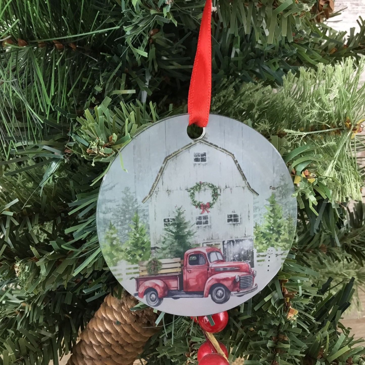 Red Truck Winter Farm Christmas Ornament