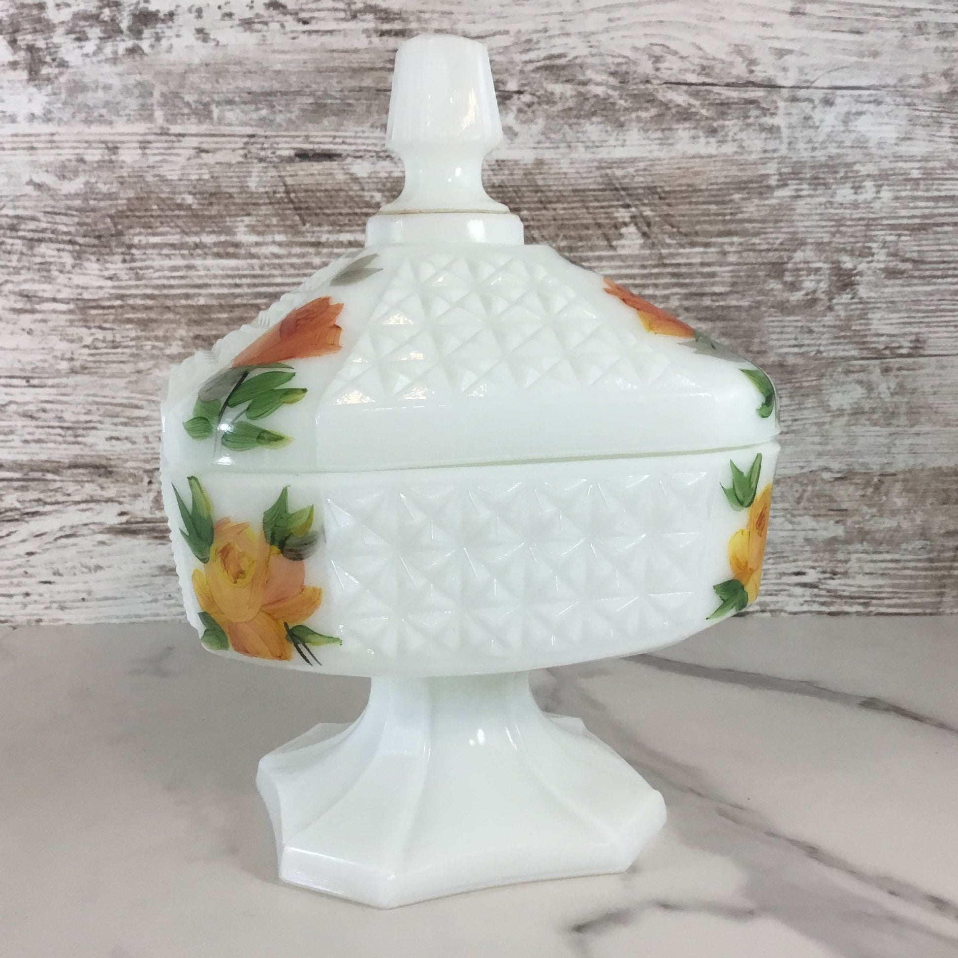 Vintage Milk Glass Lidded Compote Dish With Hand Painted Roses