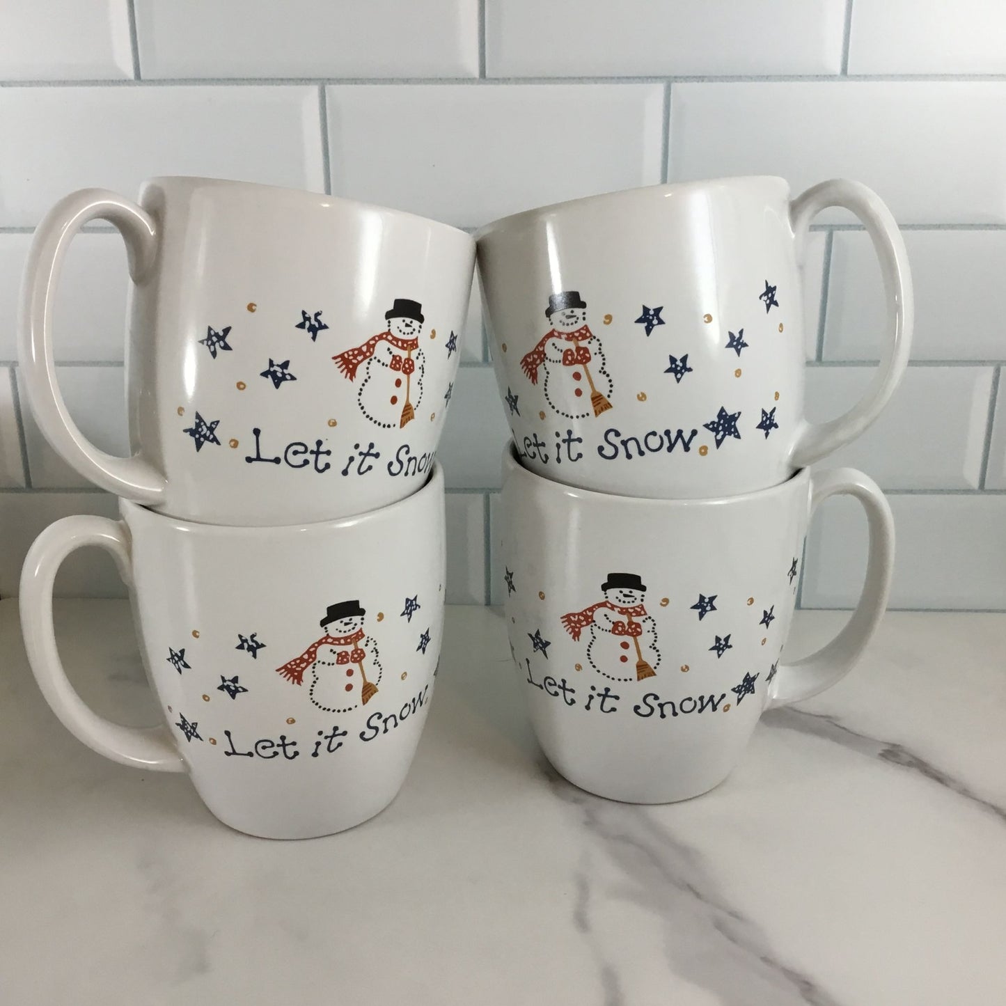 Set of 4 Corelle Frosty Morn Let It Snow Stoneware Cups Winter Snowman