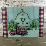 Red Truck Winter Farm Glass Cutting Board