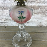 Vintage Kerosene Oil Lamp Pink & Frosted Glass Blueish Purple Flowers 17"