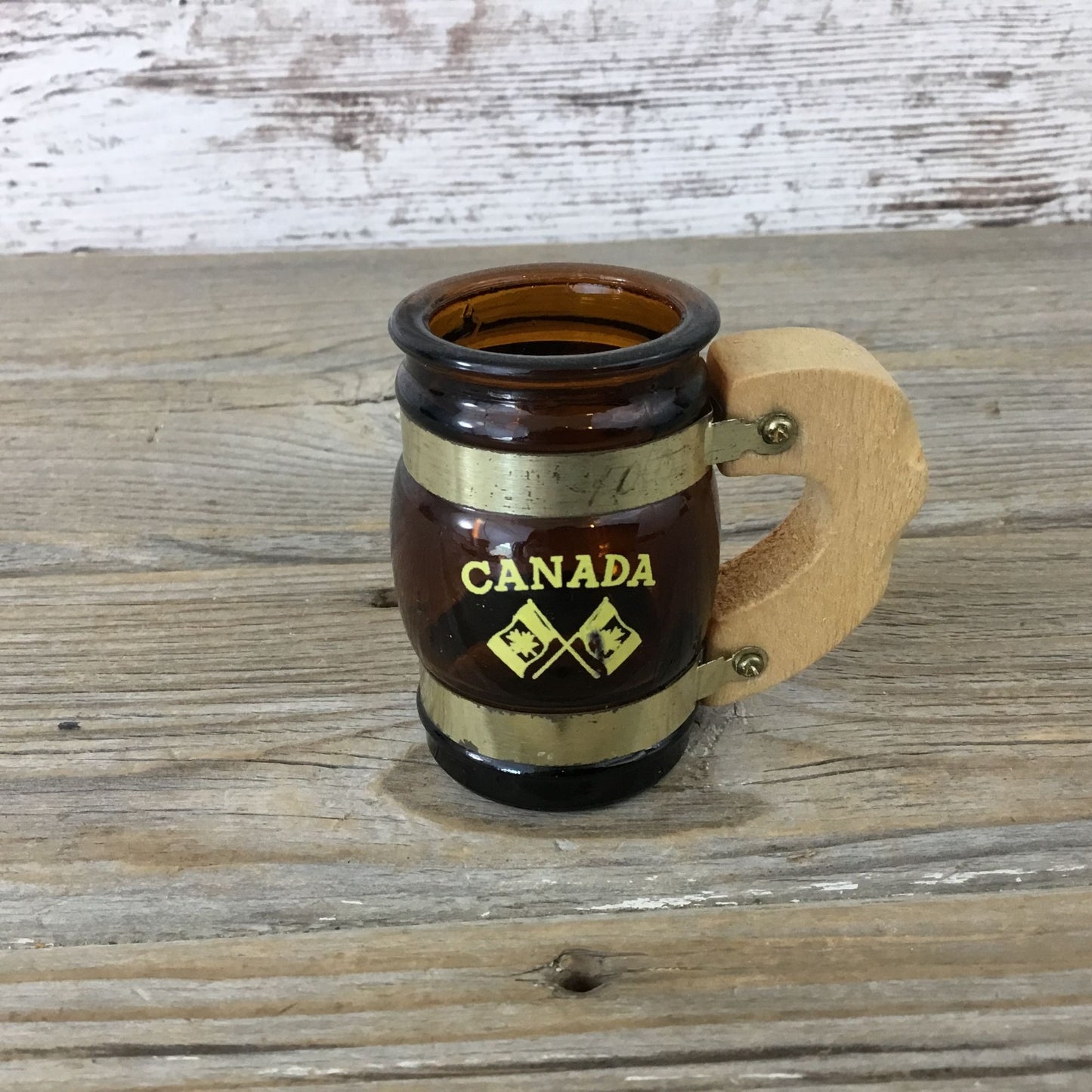 Vintage Brown Glass Canada Mini Mug Stein Shot Glass With Wooden Handle