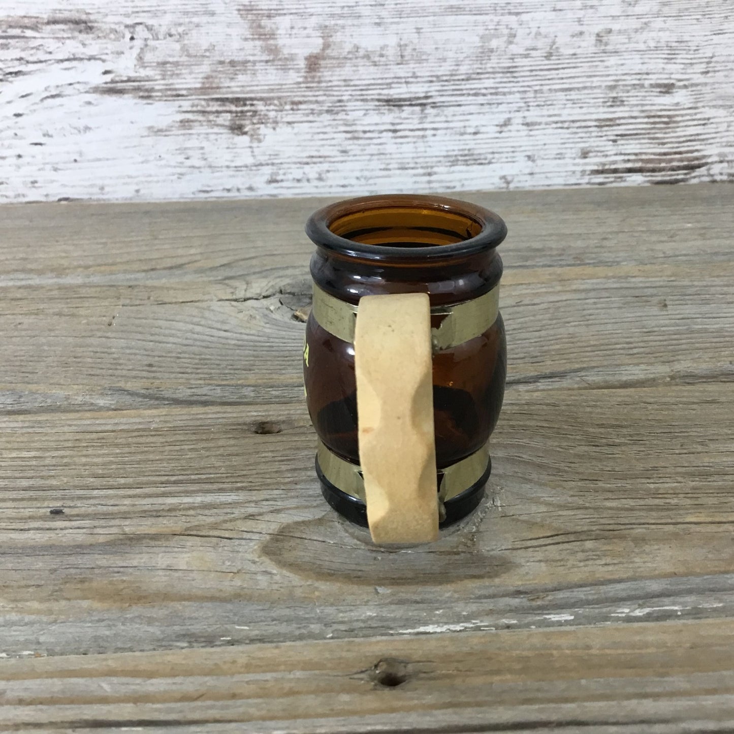 Vintage Brown Glass Canada Mini Mug Stein Shot Glass With Wooden Handle