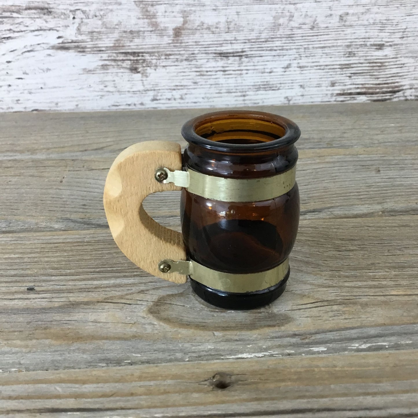 Vintage Brown Glass Canada Mini Mug Stein Shot Glass With Wooden Handle