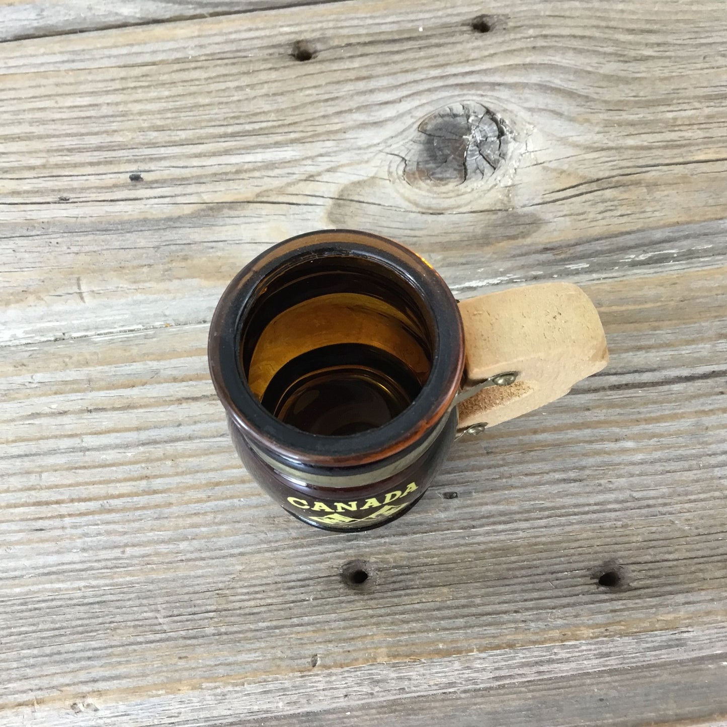 Vintage Brown Glass Canada Mini Mug Stein Shot Glass With Wooden Handle