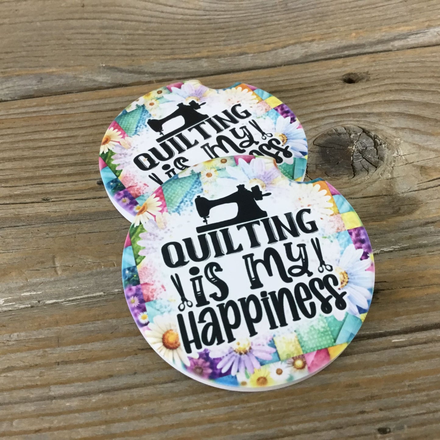Quilting is My Happiness Set of 2 Sandstone Car Coasters
