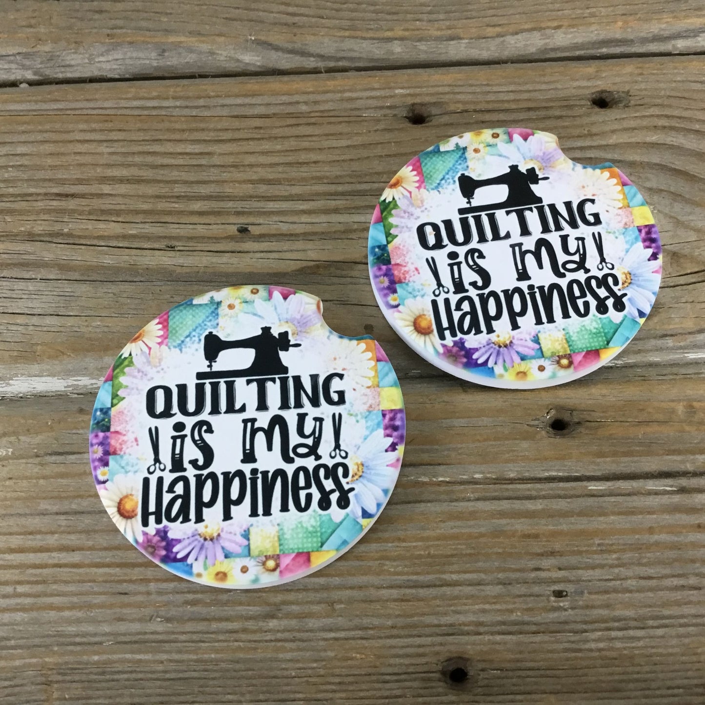 Quilting is My Happiness Set of 2 Sandstone Car Coasters