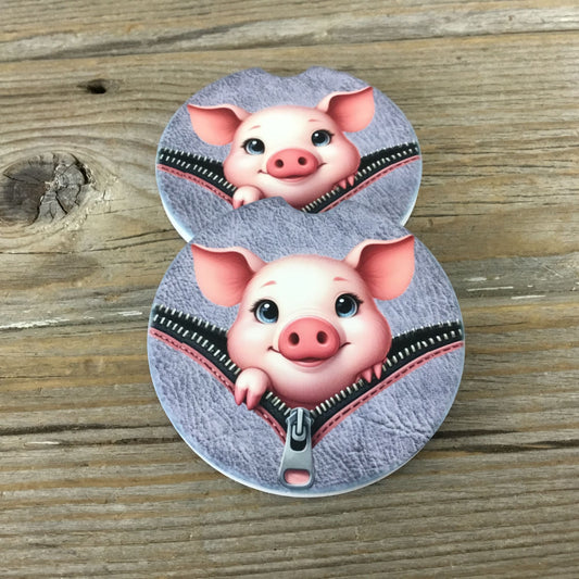 Pig Peek-a-Boo Zipper Car Coasters Set of 2