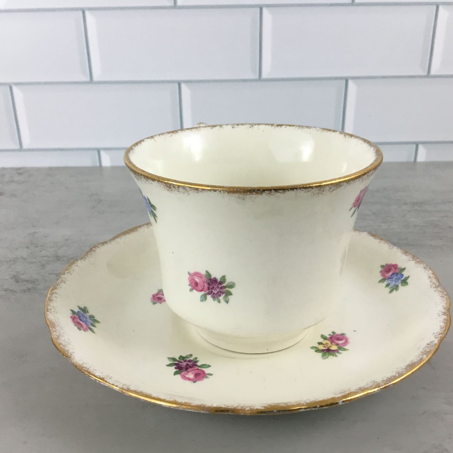 James Kent Floral Tea Cup Saucer Longton England Pink Blue Yellow Flowers