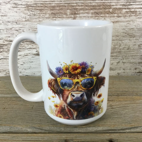 Boho Hippie Highland Cow Ceramic Coffee Mug