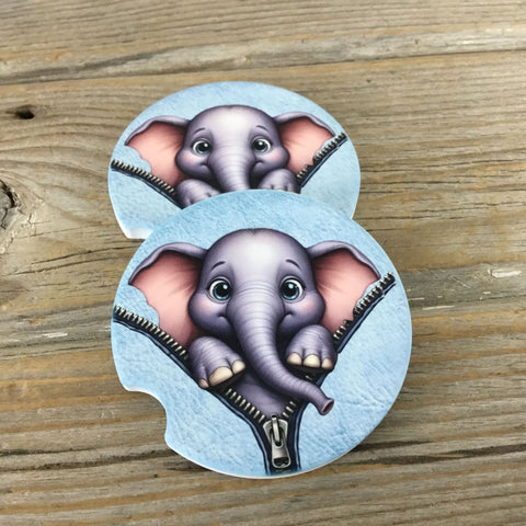 Elephant Peek-a-Boo Zipper Car Coasters Set of 2