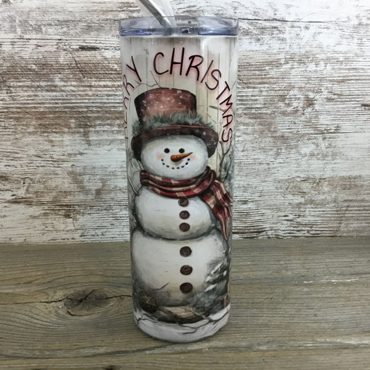 Rustic Snowman Merry Christmas 20 oz Skinny Tumbler